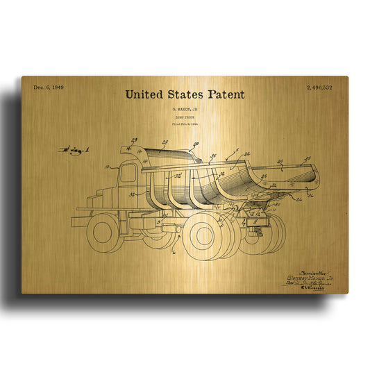 'Dump Truck 1949 Blueprint Patent Parchment' By LUXE Gold Metal Wall Art