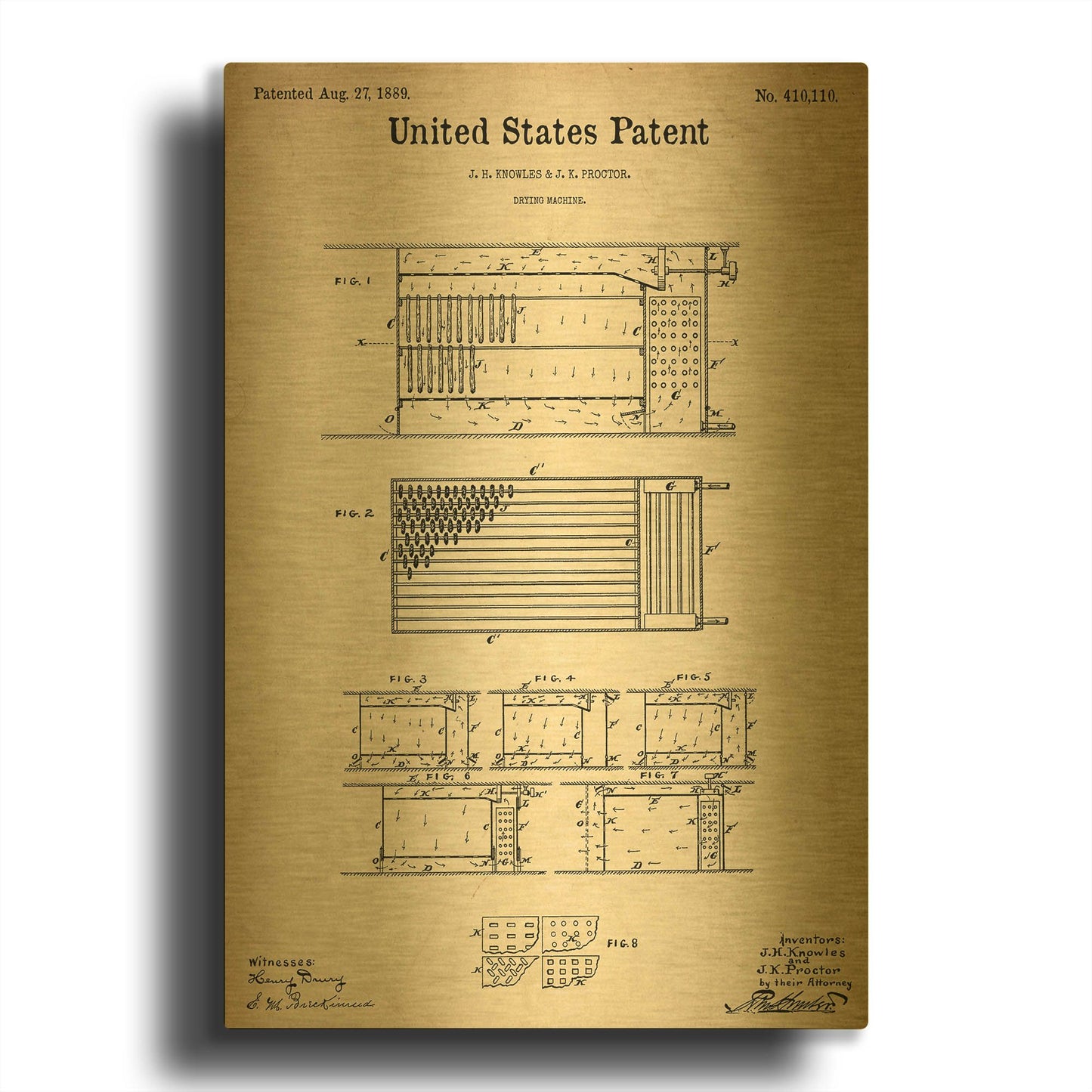 'Drying Machine Blueprint Patent Parchment' By LUXE Gold Metal Wall Art