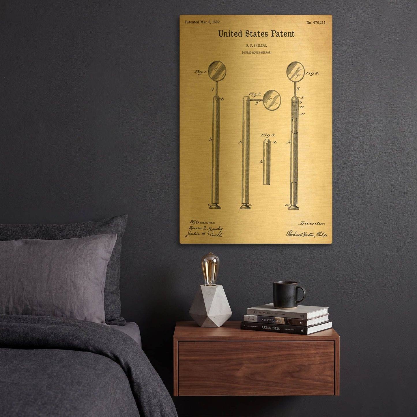 'Dental Mouth Mirror Blueprint Patent Parchment' By LUXE Gold Metal Wall Art