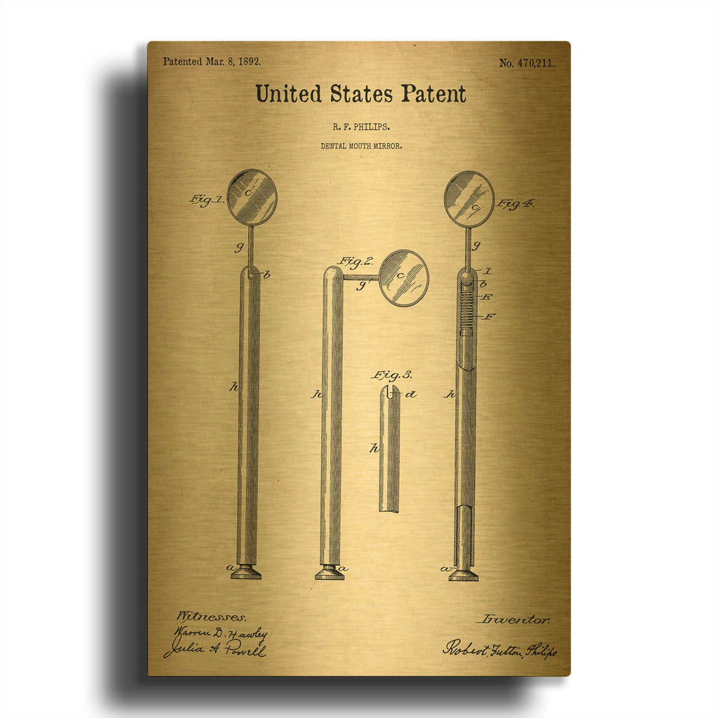 'Dental Mouth Mirror Blueprint Patent Parchment' By LUXE Gold Metal Wall Art