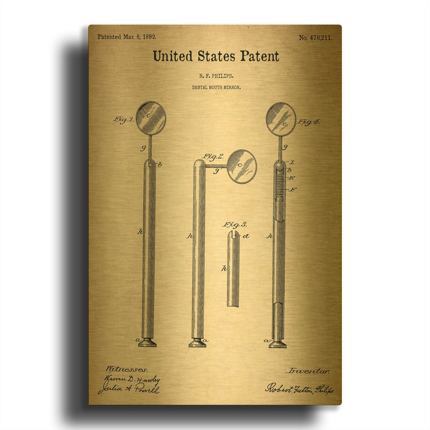 'Dental Mouth Mirror Blueprint Patent Parchment' By LUXE Gold Metal Wall Art