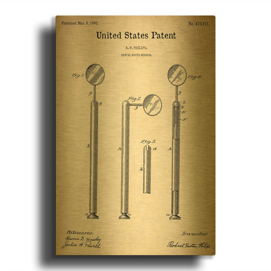 'Dental Mouth Mirror Blueprint Patent Parchment' By LUXE Gold Metal Wall Art