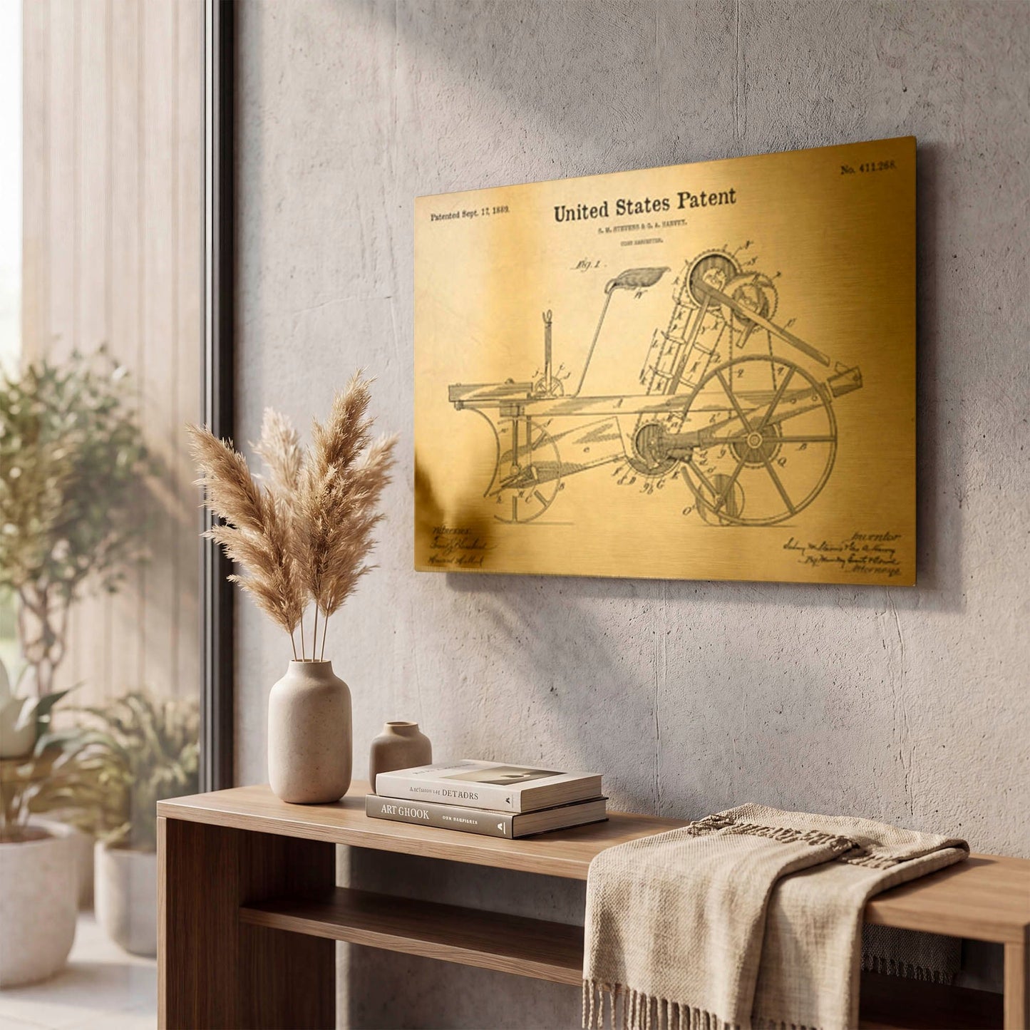 'Corn Harvester Blueprint Patent Parchment' By LUXE Gold Metal Wall Art