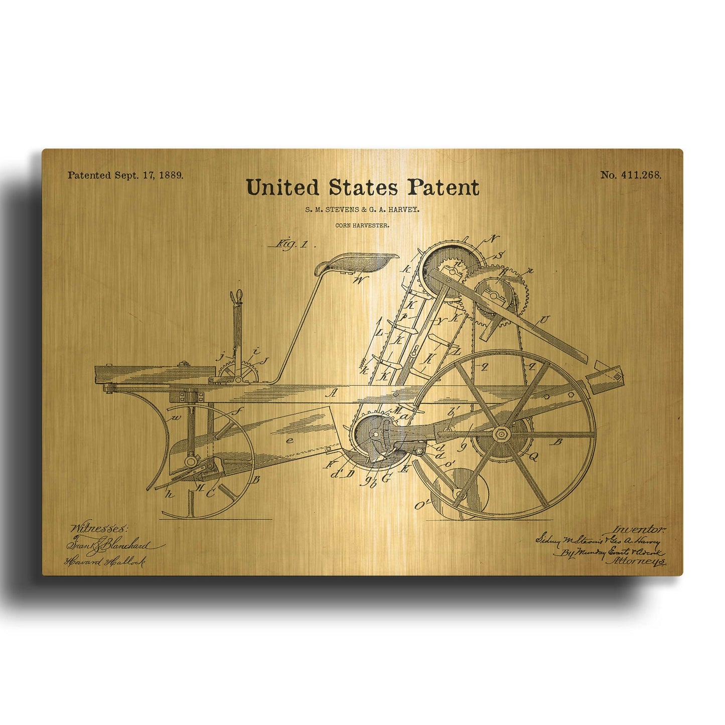 'Corn Harvester Blueprint Patent Parchment' By LUXE Gold Metal Wall Art