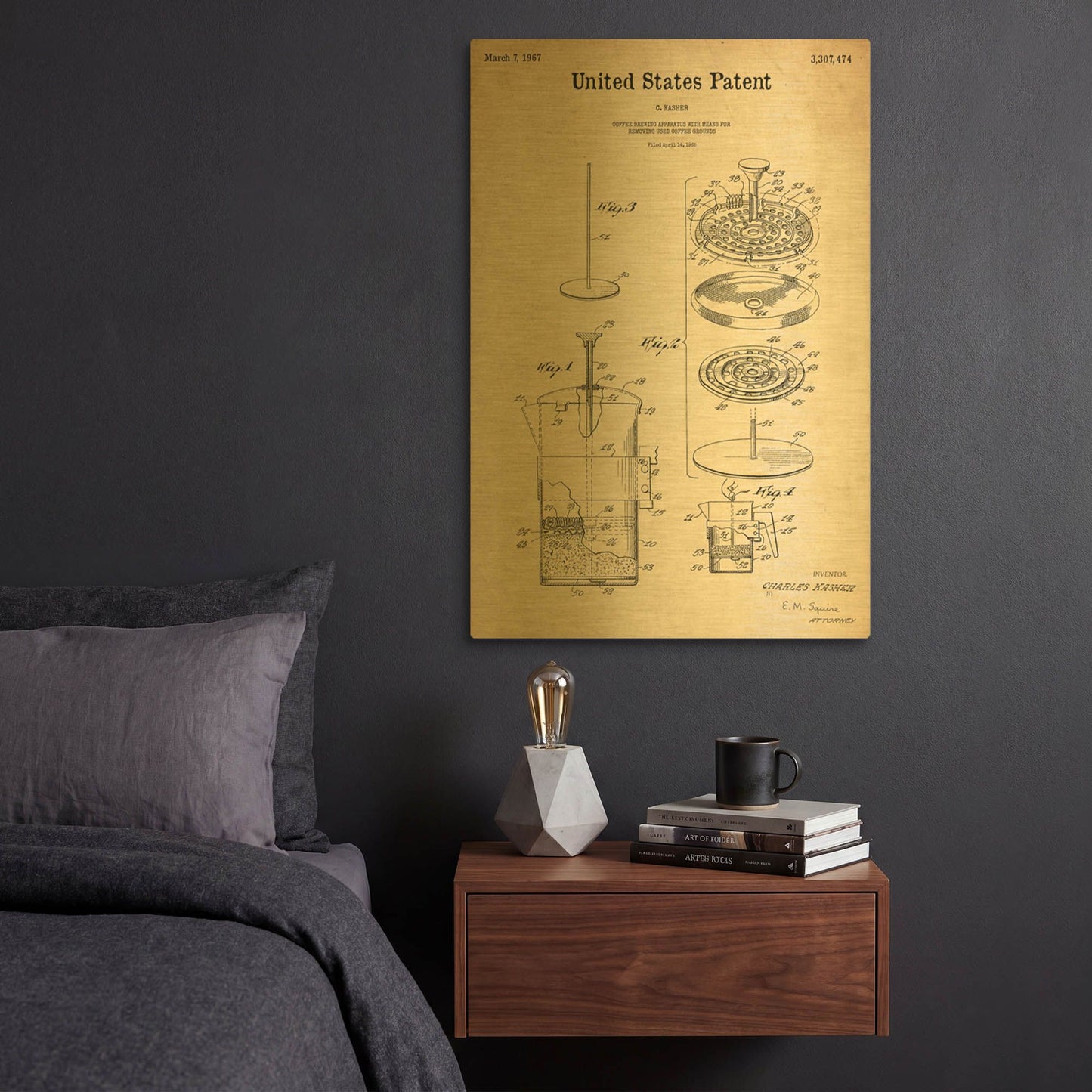 'Coffee Brewer Blueprint Patent Parchment' By LUXE Gold Metal Wall Art