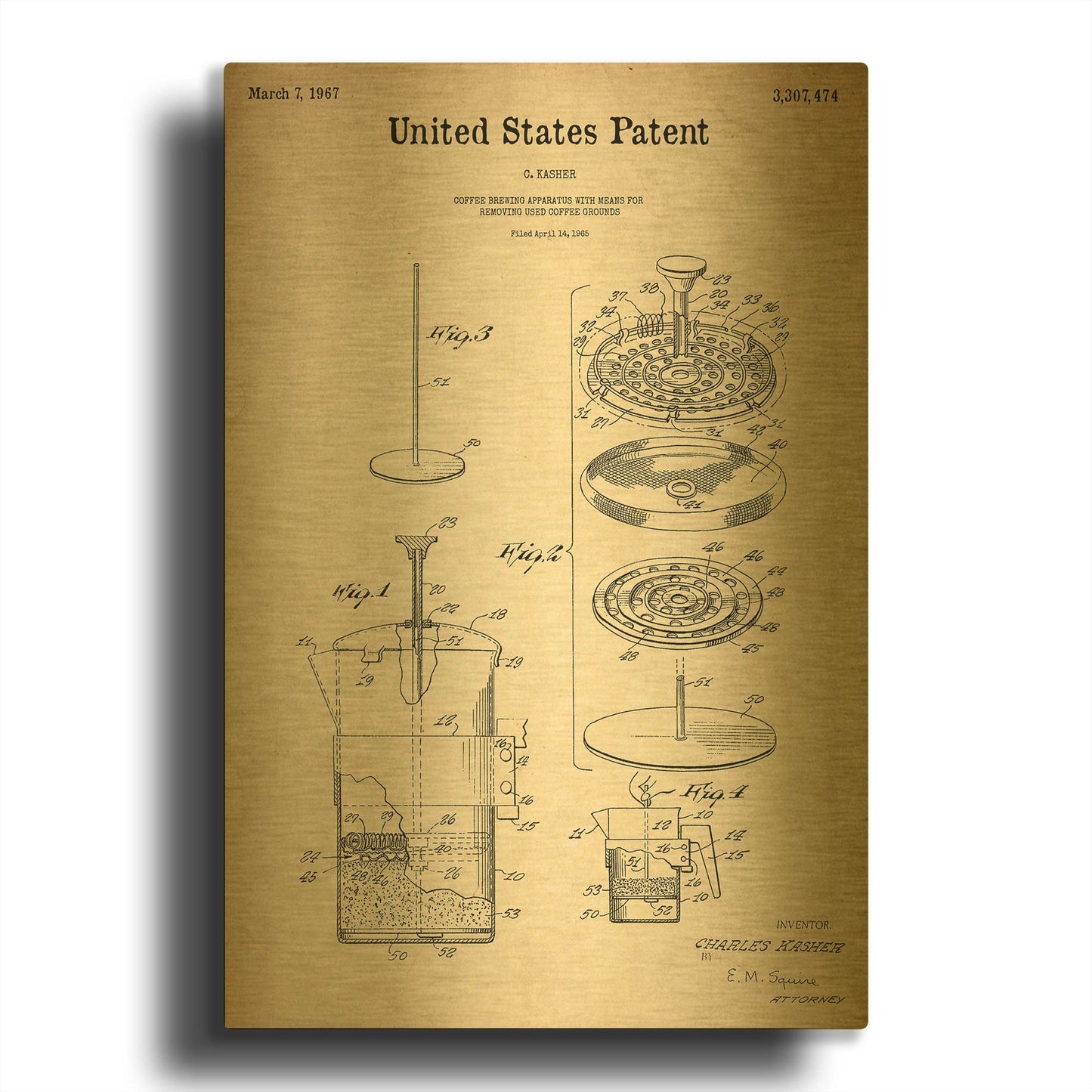 'Coffee Brewer Blueprint Patent Parchment' By LUXE Gold Metal Wall Art