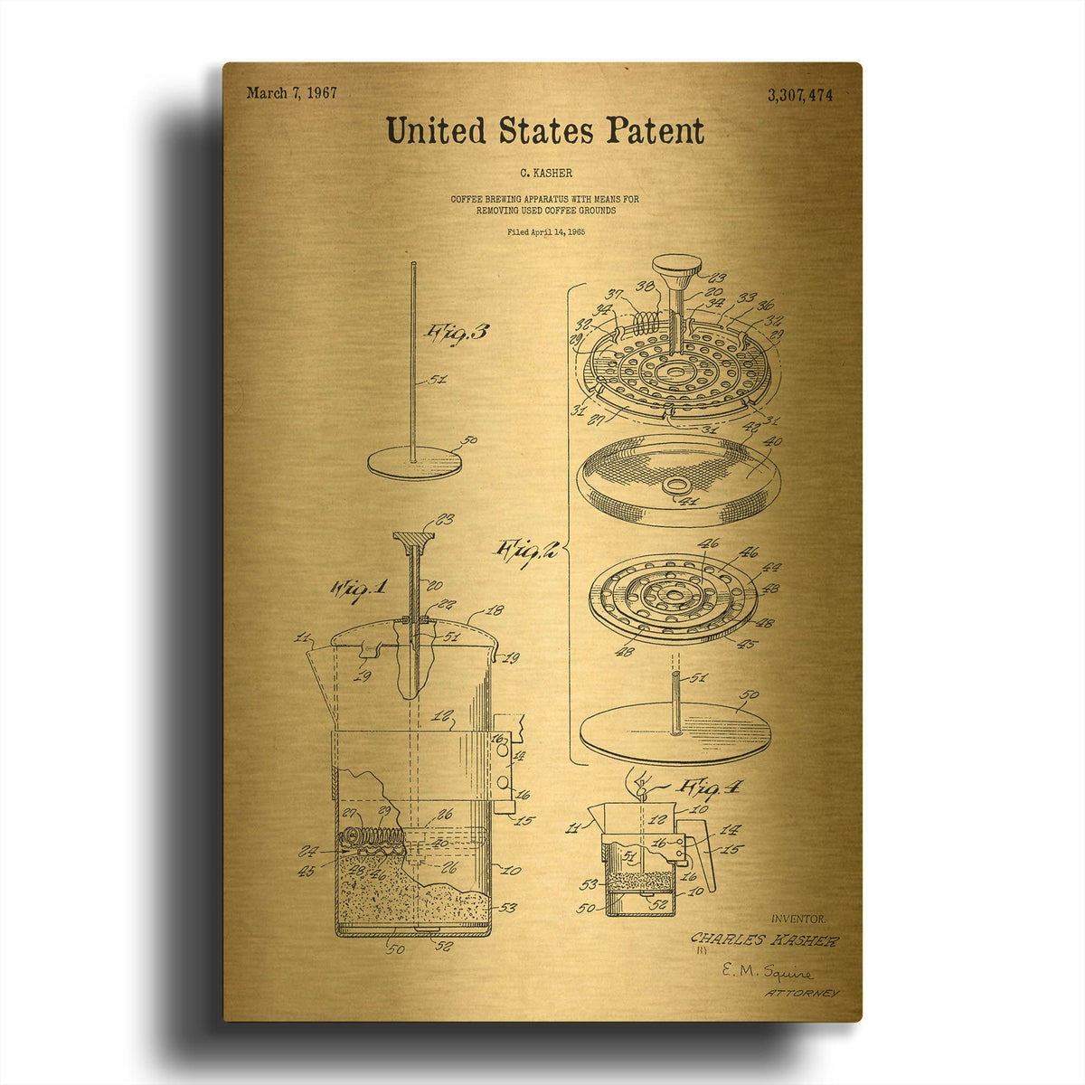 'Coffee Brewer Blueprint Patent Parchment' By LUXE Gold Metal Wall Art