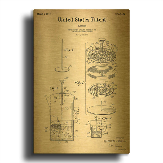 'Coffee Brewer Blueprint Patent Parchment' By LUXE Gold Metal Wall Art