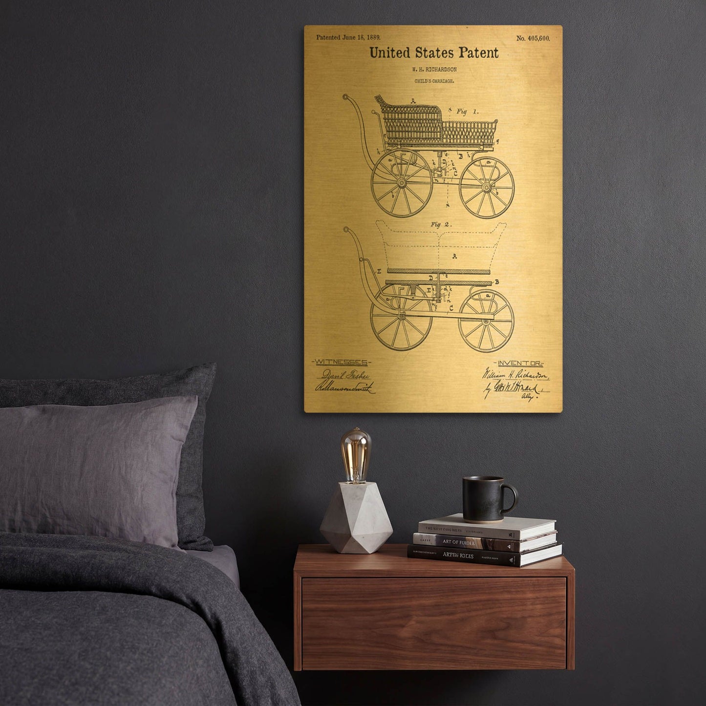 'Baby Carriage Blueprint Patent Parchment' By LUXE Gold Metal Wall Art