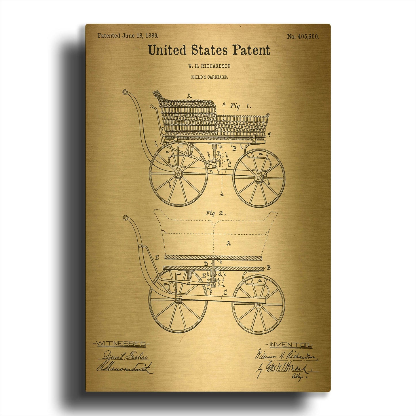 'Baby Carriage Blueprint Patent Parchment' By LUXE Gold Metal Wall Art