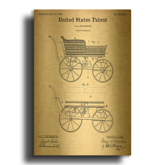 'Baby Carriage Blueprint Patent Parchment' By LUXE Gold Metal Wall Art