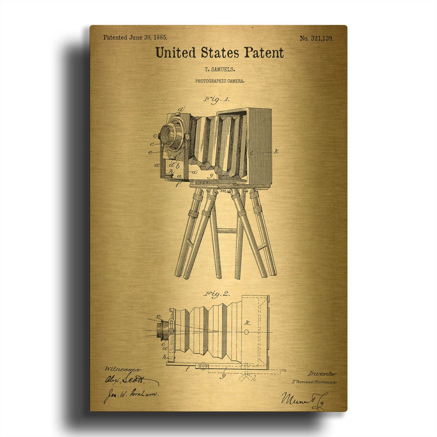 'Photographic Camera Blueprint Patent Parchment' By LUXE Gold Metal Wall Art