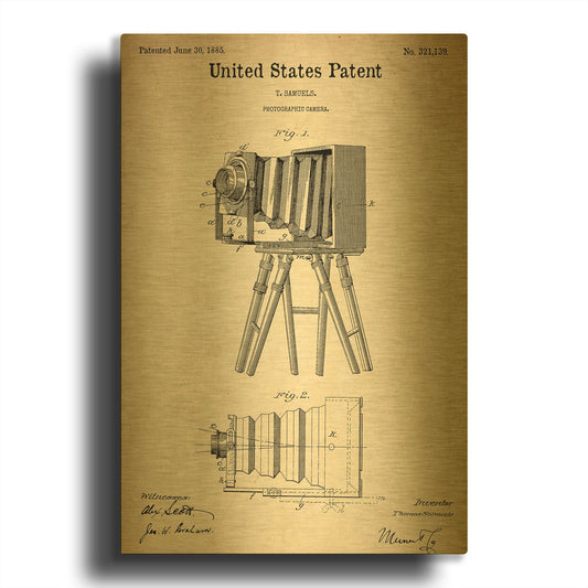 'Photographic Camera Blueprint Patent Parchment' By LUXE Gold Metal Wall Art