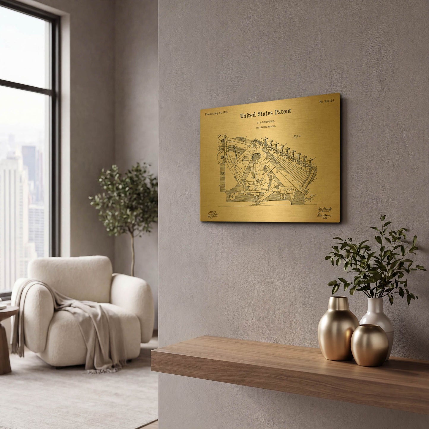 'Calculating Machine Blueprint Patent Parchment' By LUXE Gold Metal Wall Art