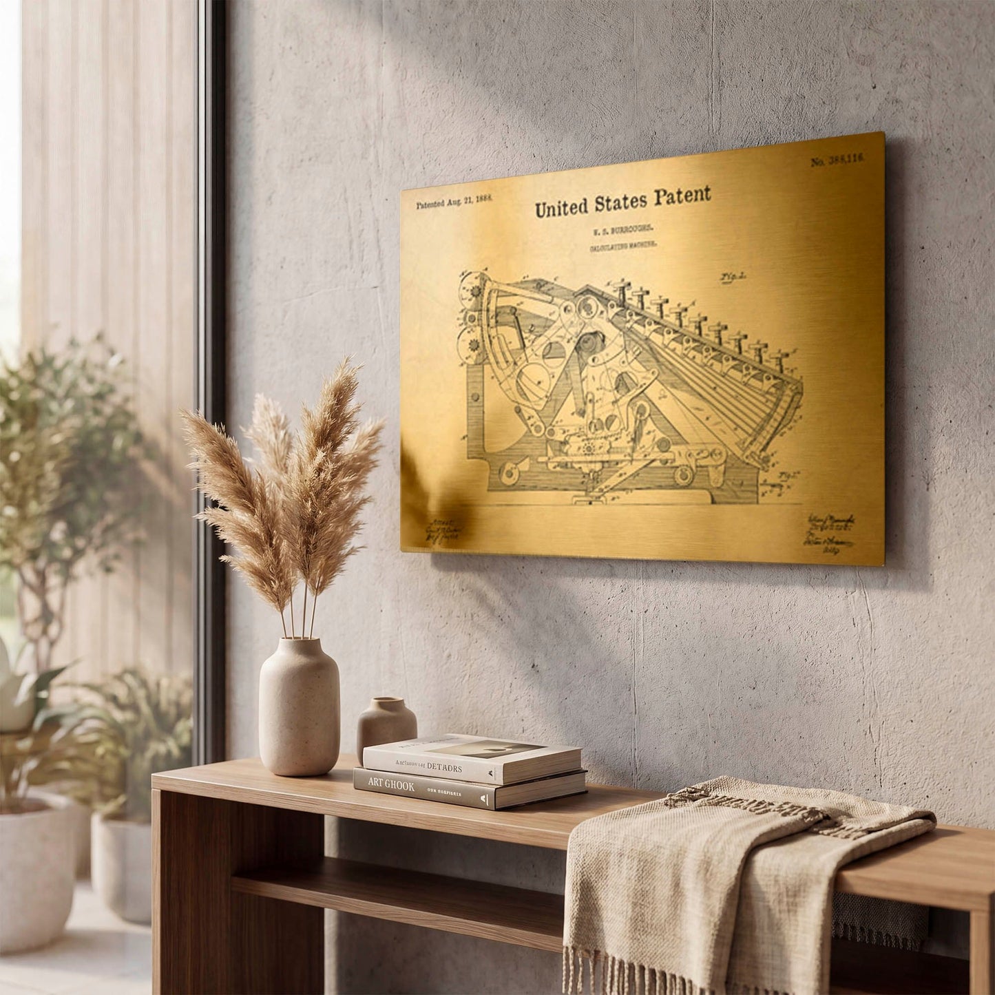 'Calculating Machine Blueprint Patent Parchment' By LUXE Gold Metal Wall Art