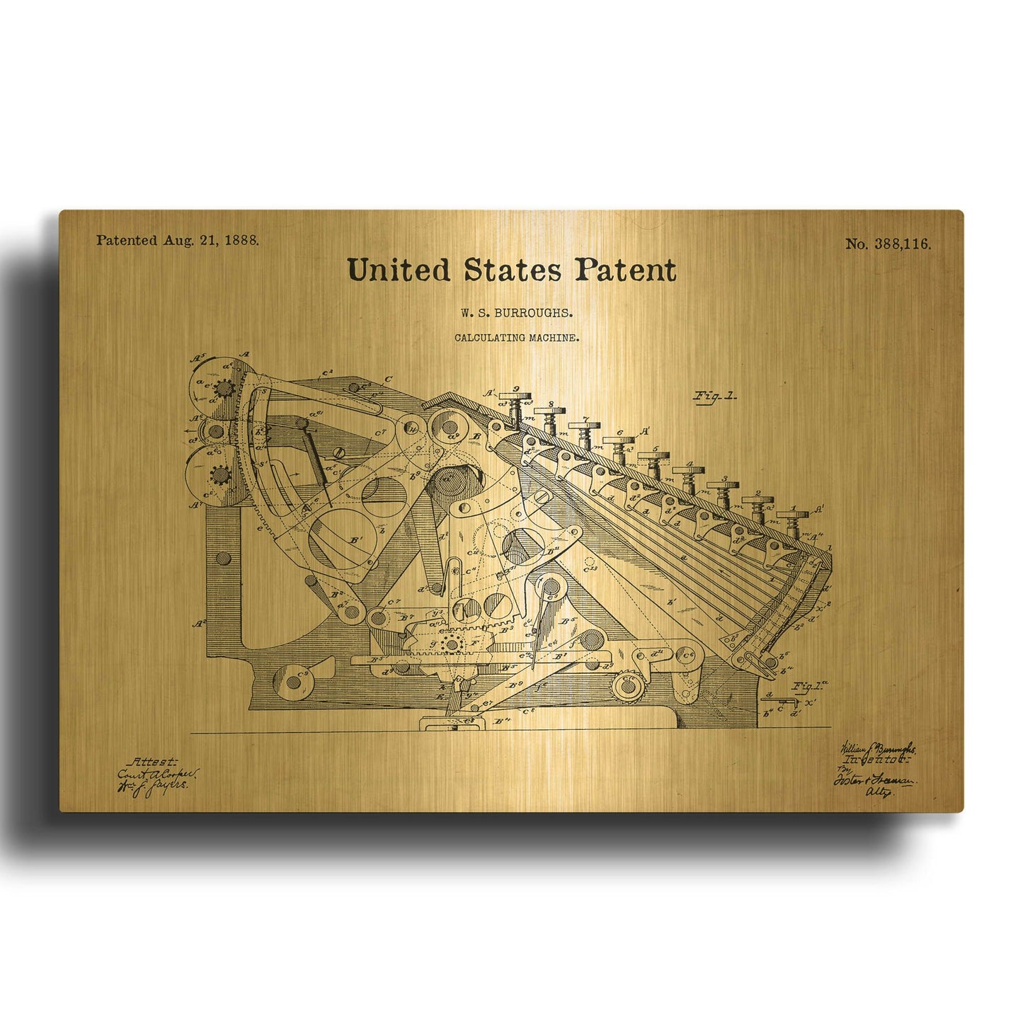 'Calculating Machine Blueprint Patent Parchment' By LUXE Gold Metal Wall Art