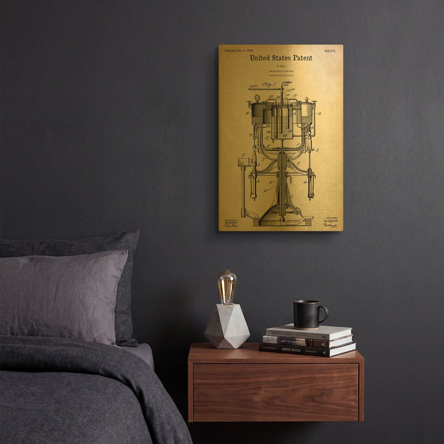 'Beer Bottling Machine Blueprint Patent Parchment' By LUXE Gold Metal Wall Art