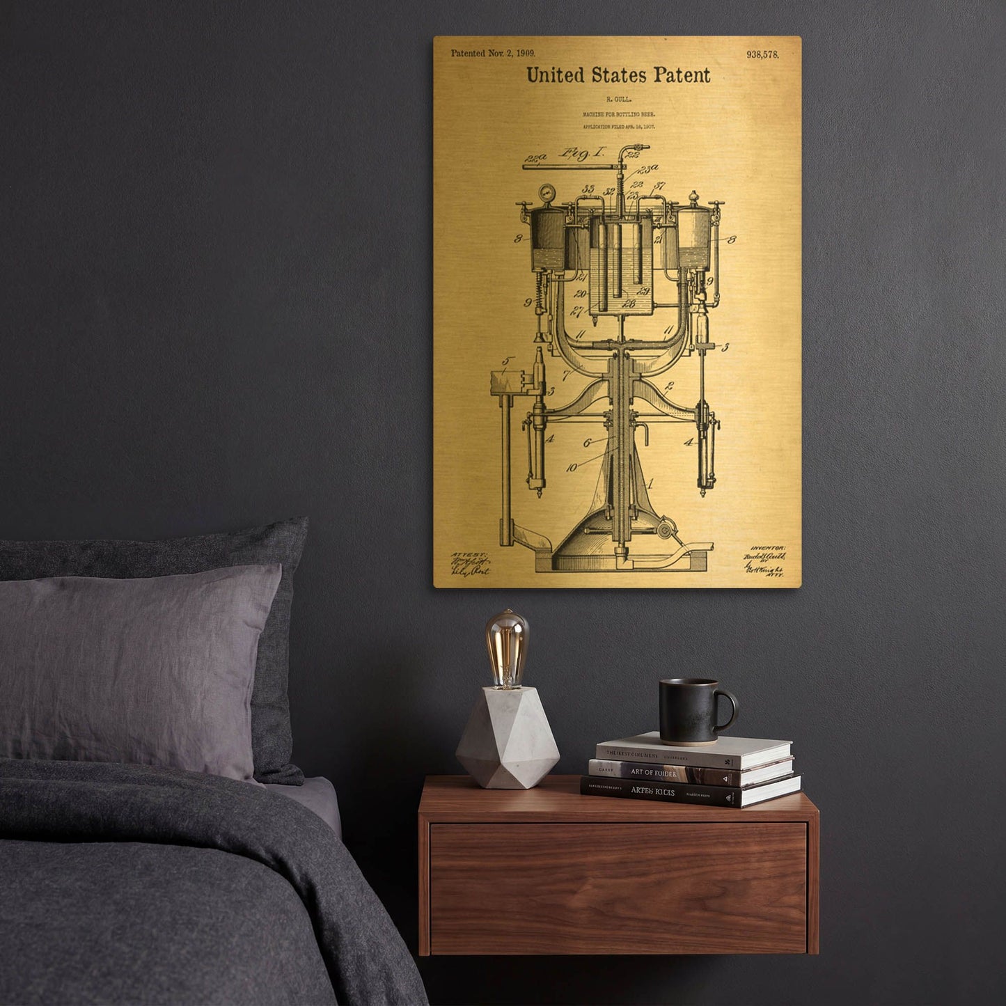 'Beer Bottling Machine Blueprint Patent Parchment' By LUXE Gold Metal Wall Art