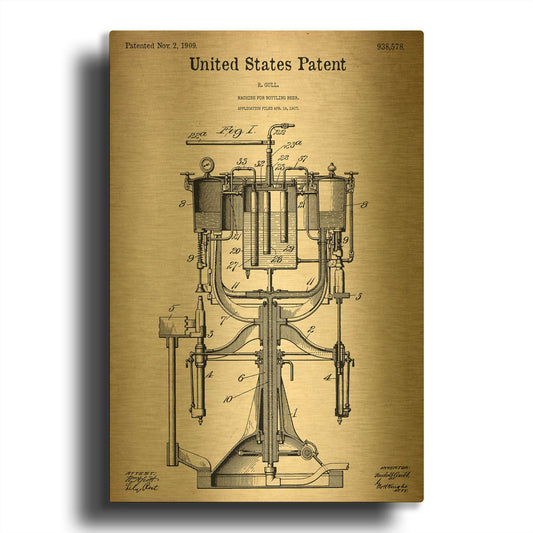 'Beer Bottling Machine Blueprint Patent Parchment' By LUXE Gold Metal Wall Art