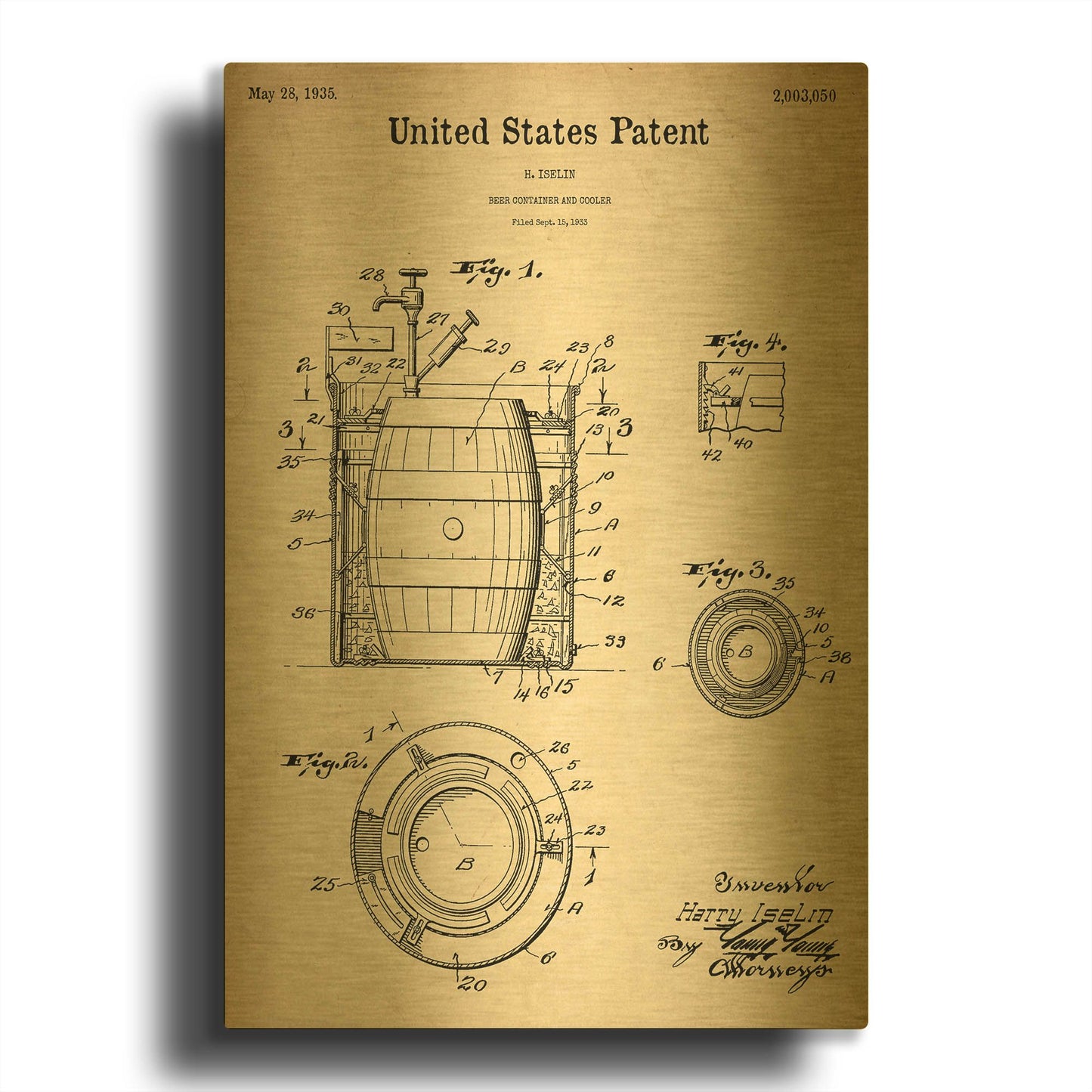 'Beer Container and Cooler Blueprint Patent Parchment' By LUXE Gold Metal Wall Art