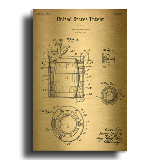 'Beer Container and Cooler Blueprint Patent Parchment' By LUXE Gold Metal Wall Art