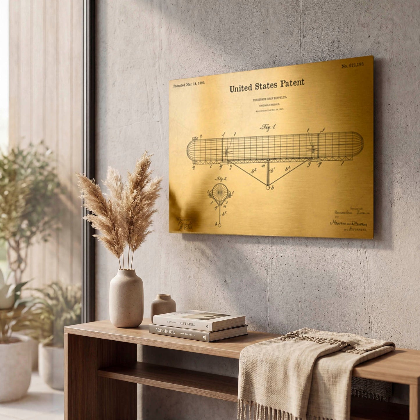 'Navigable Balloon Blueprint Patent Parchment' By LUXE Gold Metal Wall Art