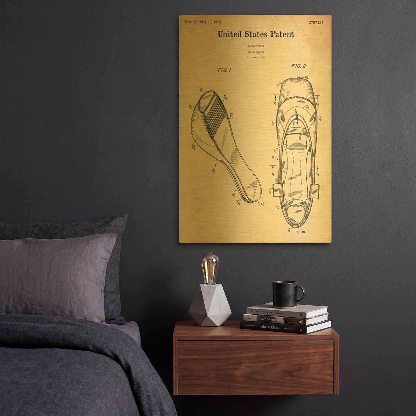 'Ballet Slippers Blueprint Patent Parchment' By LUXE Gold Metal Wall Art