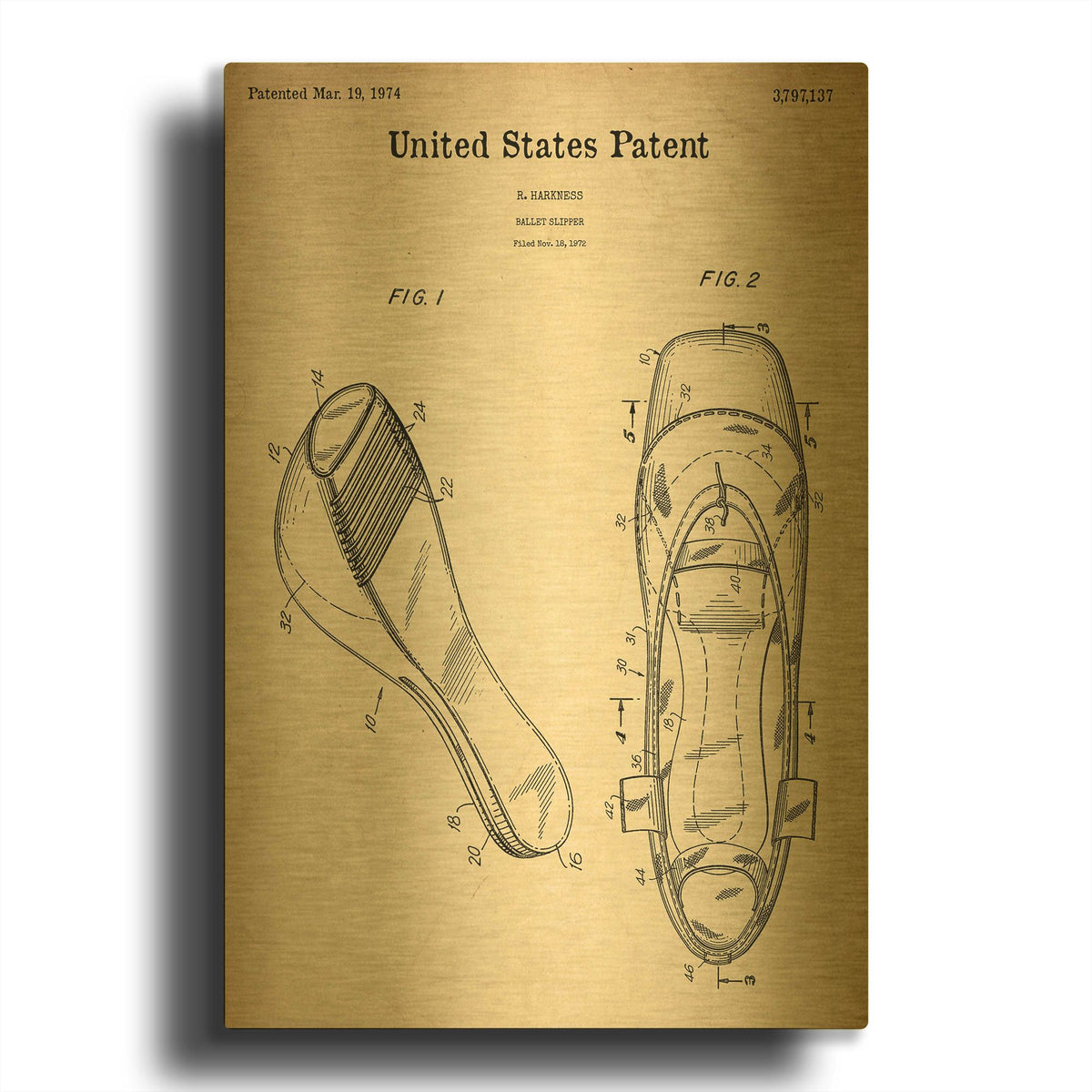 'Ballet Slippers Blueprint Patent Parchment' By LUXE Gold Metal Wall Art