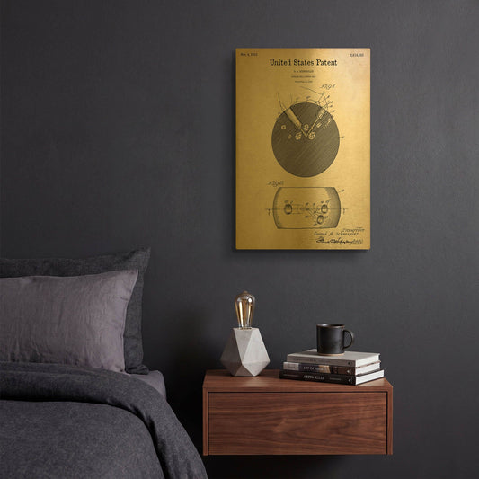 'Bowling Ball Finger Grip Blueprint Patent Parchment' By LUXE Gold Metal Wall Art