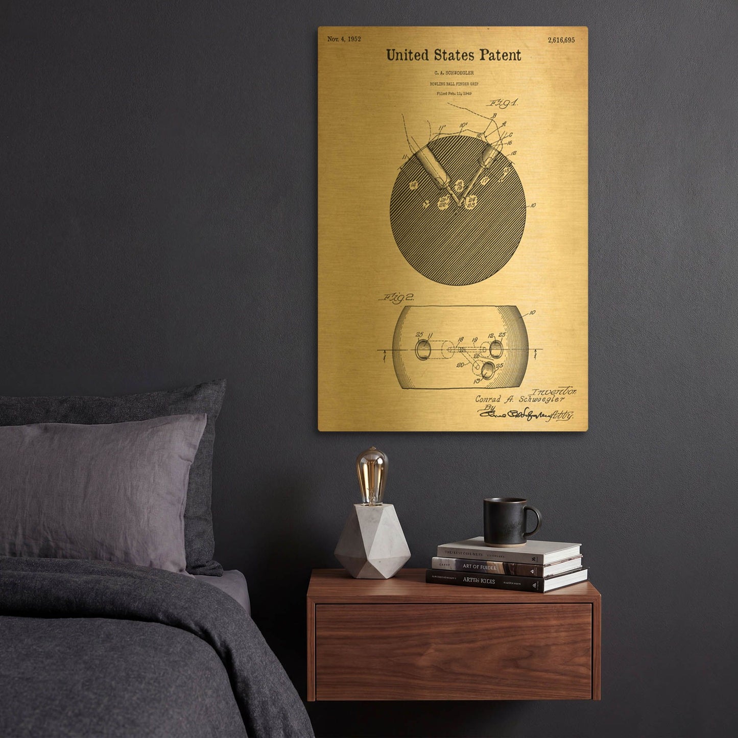 'Bowling Ball Finger Grip Blueprint Patent Parchment' By LUXE Gold Metal Wall Art