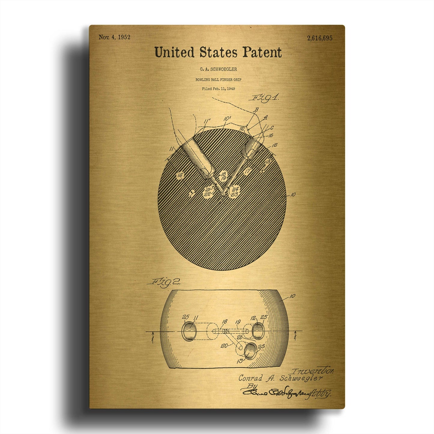 'Bowling Ball Finger Grip Blueprint Patent Parchment' By LUXE Gold Metal Wall Art