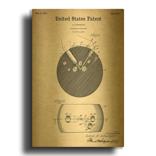 'Bowling Ball Finger Grip Blueprint Patent Parchment' By LUXE Gold Metal Wall Art