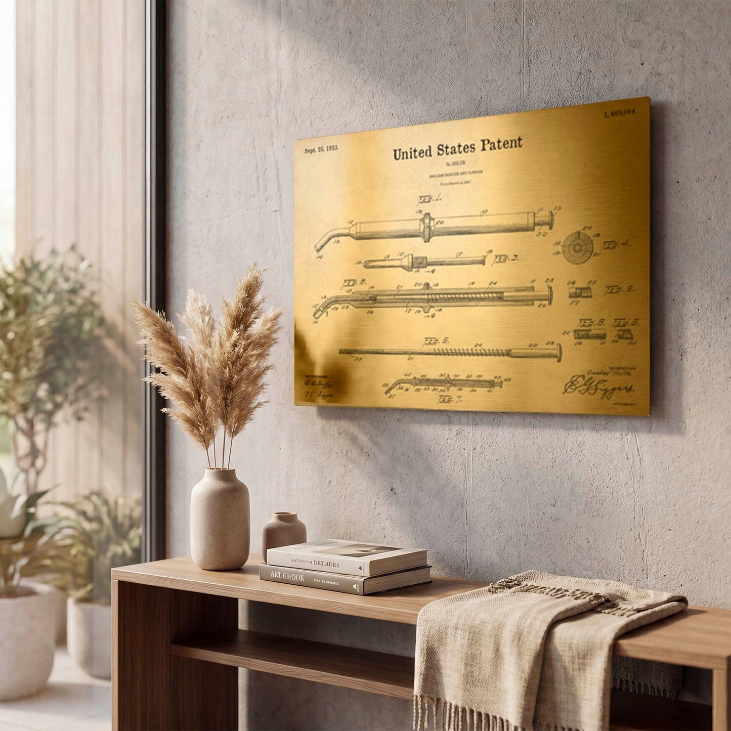 'Amalgam-Dentist Equipment Blueprint Patent Parchment' By LUXE Gold Metal Wall Art
