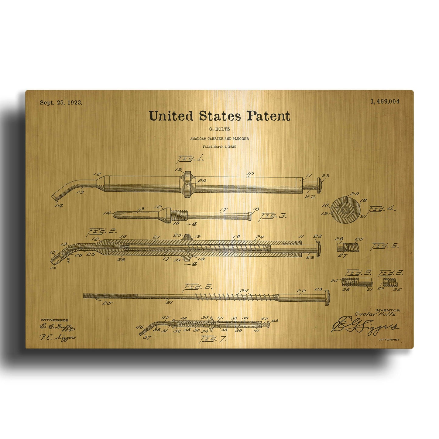 'Amalgam-Dentist Equipment Blueprint Patent Parchment' By LUXE Gold Metal Wall Art