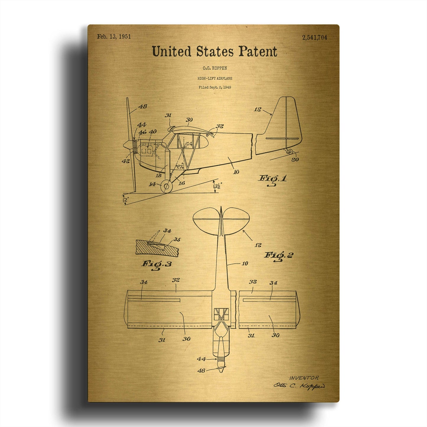 'High-Life Airplane Blueprint Patent Parchment' By LUXE Gold Metal Wall Art