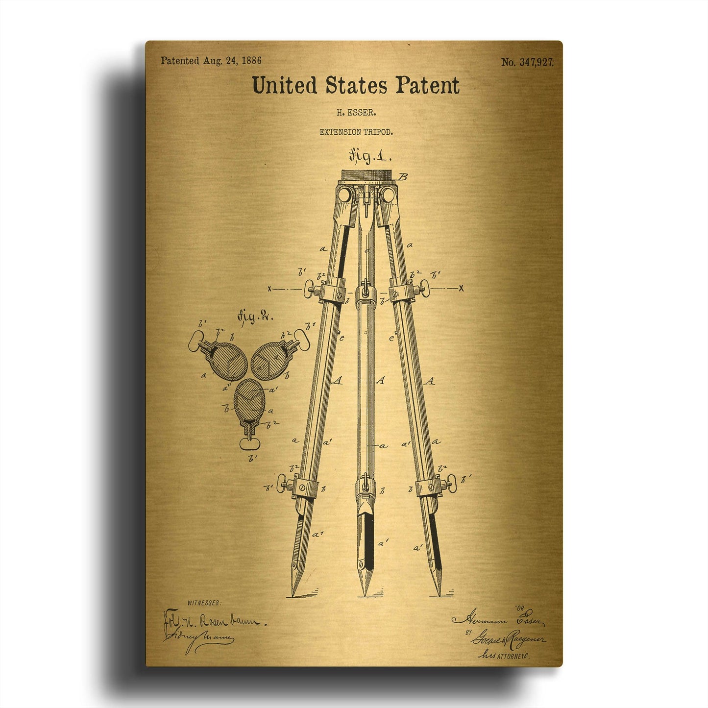 'Camera Tripod Blueprint Patent Parchment' By LUXE Gold Metal Wall Art