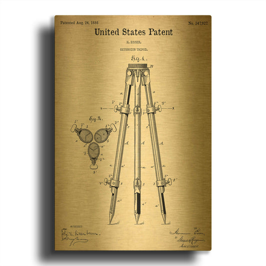'Camera Tripod Blueprint Patent Parchment' By LUXE Gold Metal Wall Art