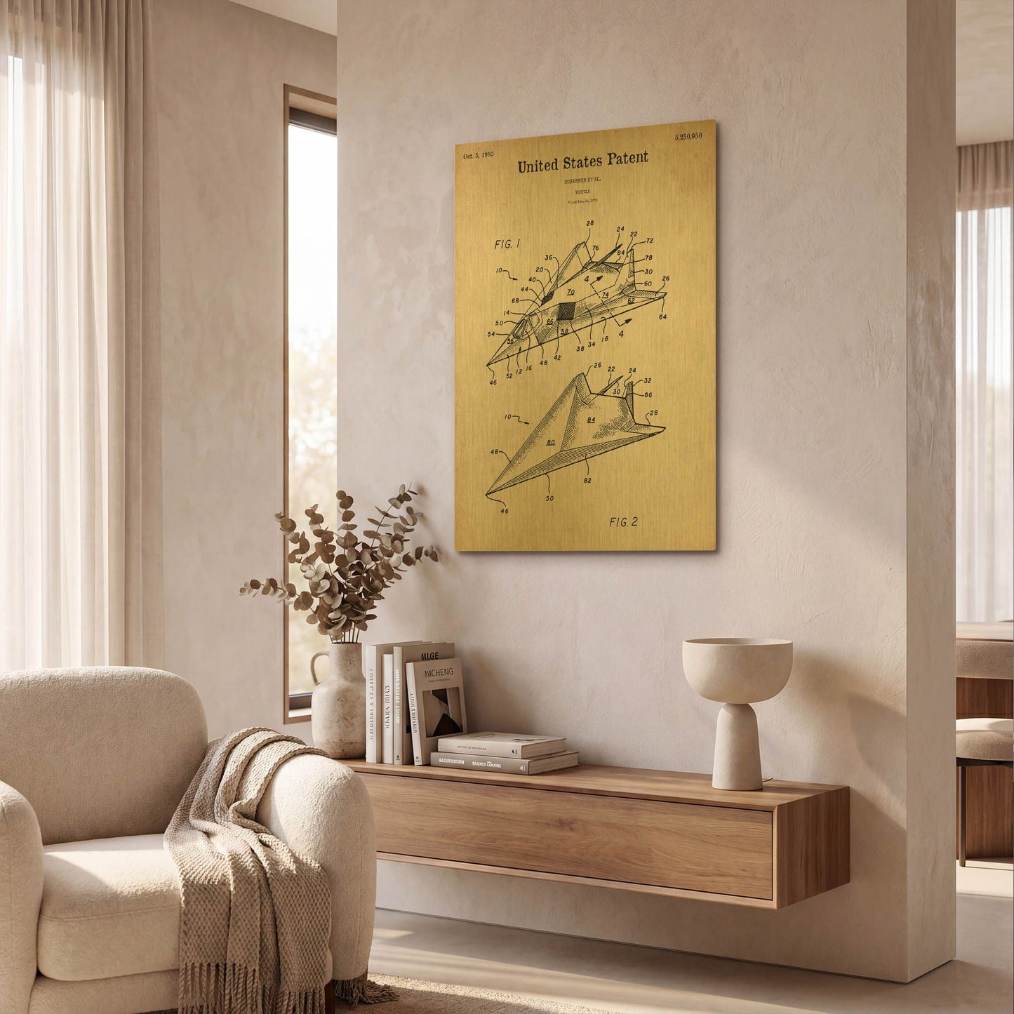 'F-117 Nighthawk Stealth Fighter Blueprint Patent Parchment' By LUXE Gold Metal Wall Art