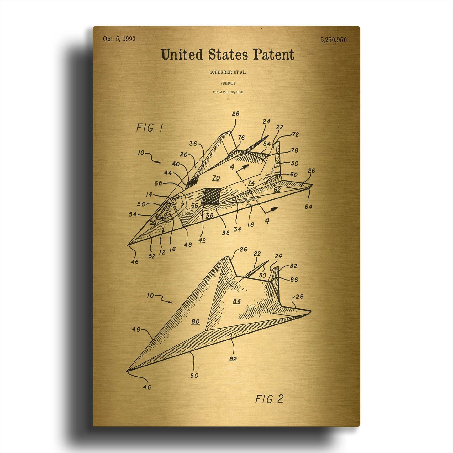 'F-117 Nighthawk Stealth Fighter Blueprint Patent Parchment' By LUXE Gold Metal Wall Art