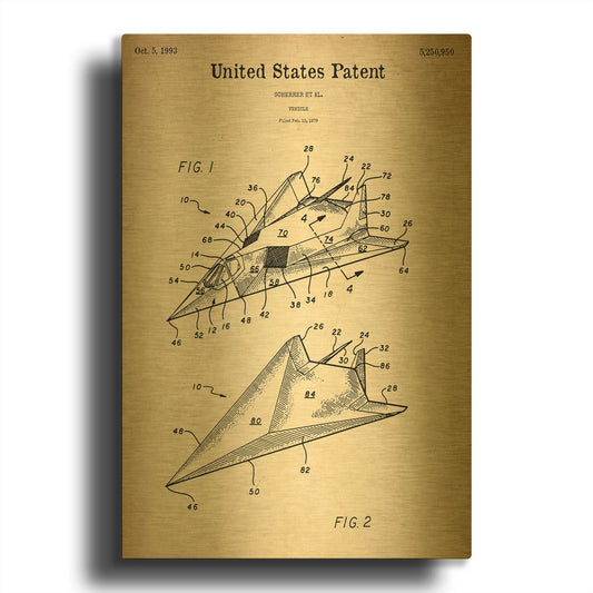 'F-117 Nighthawk Stealth Fighter Blueprint Patent Parchment' By LUXE Gold Metal Wall Art