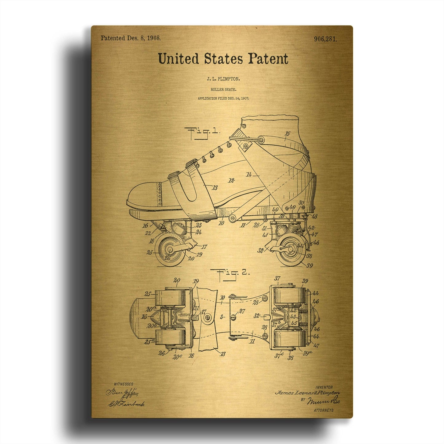 'Roller Skates Blueprint Patent Parchment' By LUXE Gold Metal Wall Art