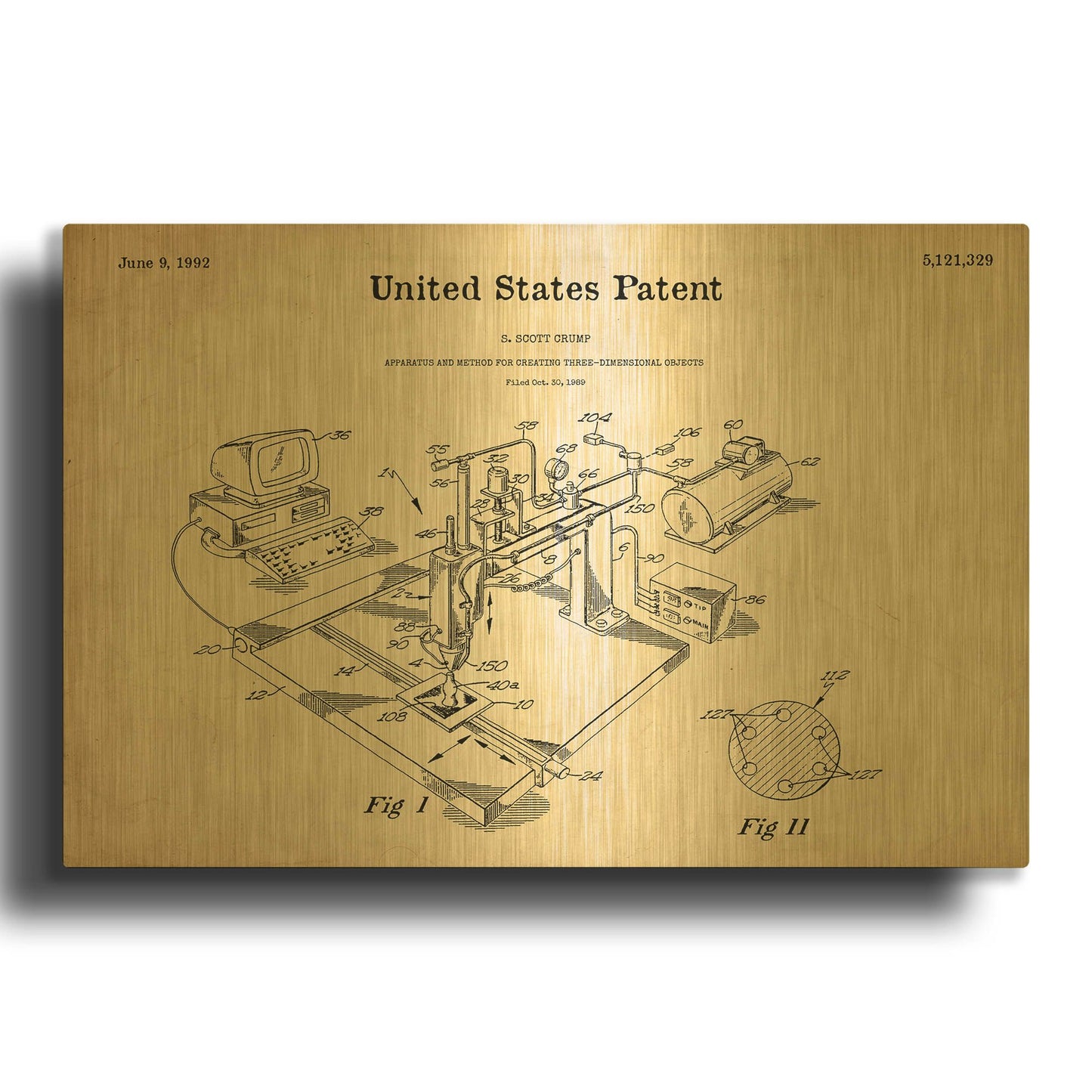 '3D Printer Blueprint Patent Parchment' By LUXE Gold Metal Wall Art
