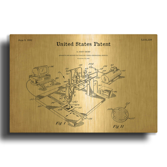 '3D Printer Blueprint Patent Parchment' By LUXE Gold Metal Wall Art
