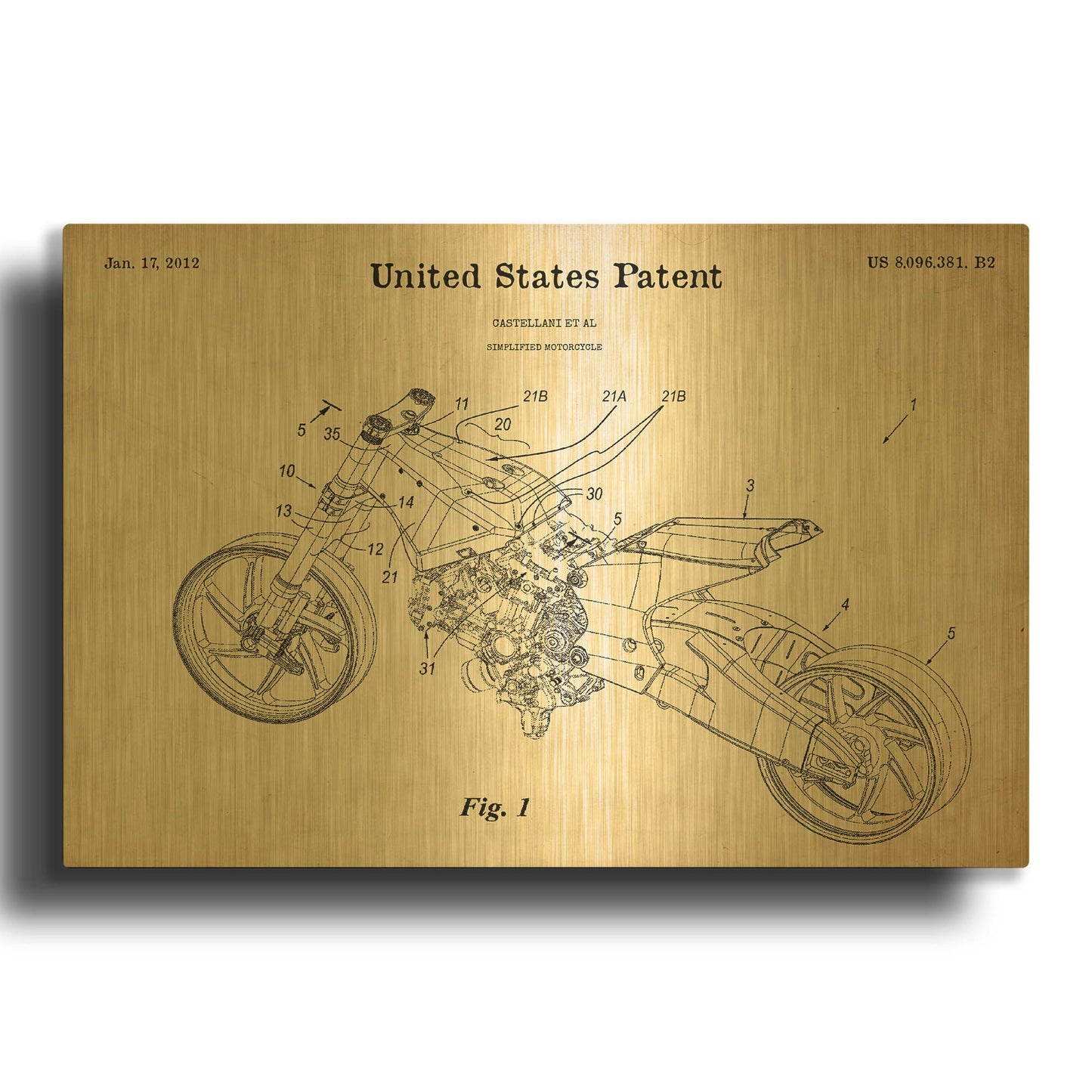 'Motocycle Blueprint Patent Parchment' By LUXE Gold Metal Wall Art