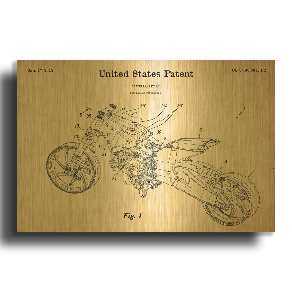 'Motocycle Blueprint Patent Parchment' By LUXE Gold Metal Wall Art
