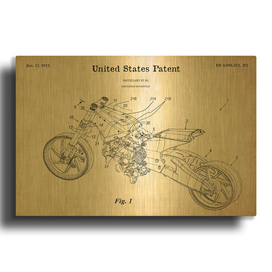 'Motocycle Blueprint Patent Parchment' By LUXE Gold Metal Wall Art