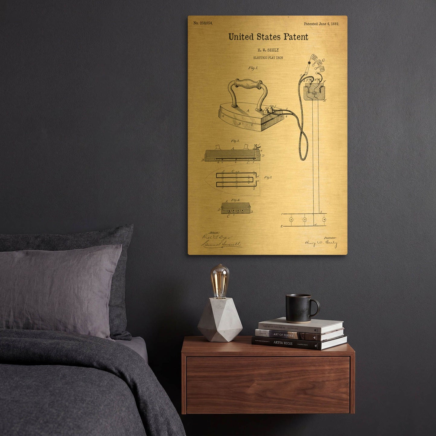 'Electric Flat Iron Blueprint Patent Parchment' By LUXE Gold Metal Wall Art