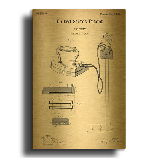'Electric Flat Iron Blueprint Patent Parchment' By LUXE Gold Metal Wall Art