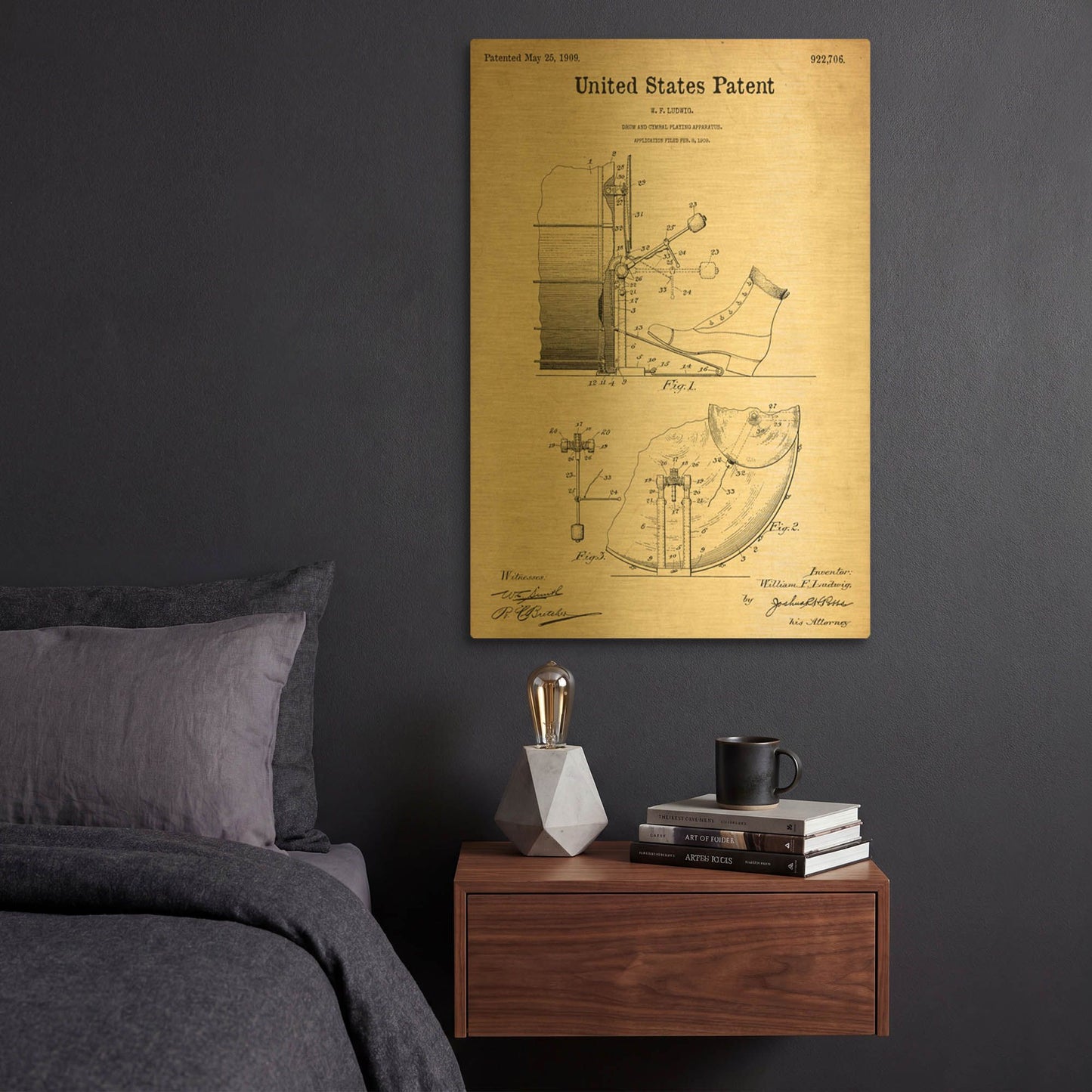 'Drum and Cymbal Blueprint Patent Parchment' By LUXE Gold Metal Wall Art