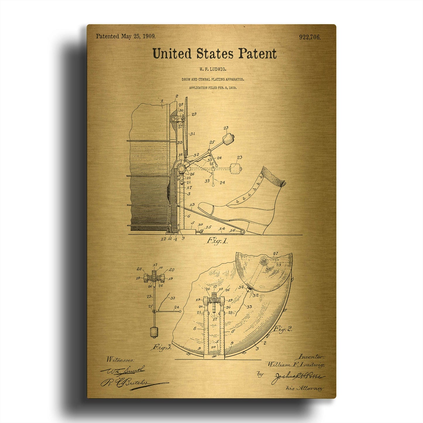 'Drum and Cymbal Blueprint Patent Parchment' By LUXE Gold Metal Wall Art